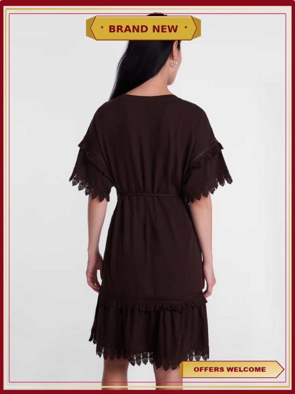 Lace Trim Knit Dress Short Sleeves Tie Waist Pullover - Picture 3 of 5